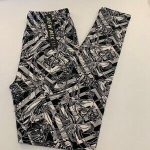 Reg One Size Womens Navy Blue Gray Geometric‎ Floral Print Leggings